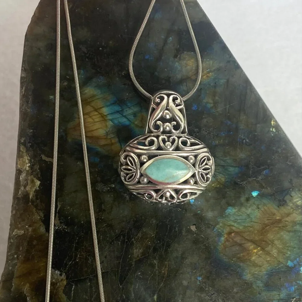 Sterling Silver 925 Chunky Bali Style Scrollwork Turquoise Pendant Necklace 18